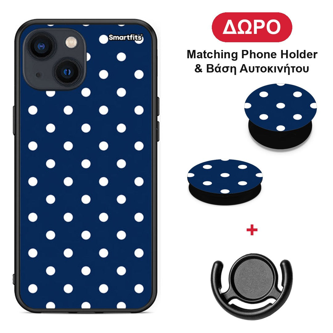 White Small Polka Dots on Navy - iPhone 13 Mini θήκη + Δώρο Phone Holder & Βάση Αυτοκινήτου