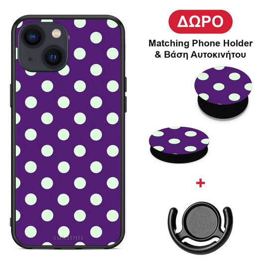 Mint Polka Dots on Purple - iPhone 13 θήκη + Δώρο Phone Holder & Βάση Αυτοκινήτου