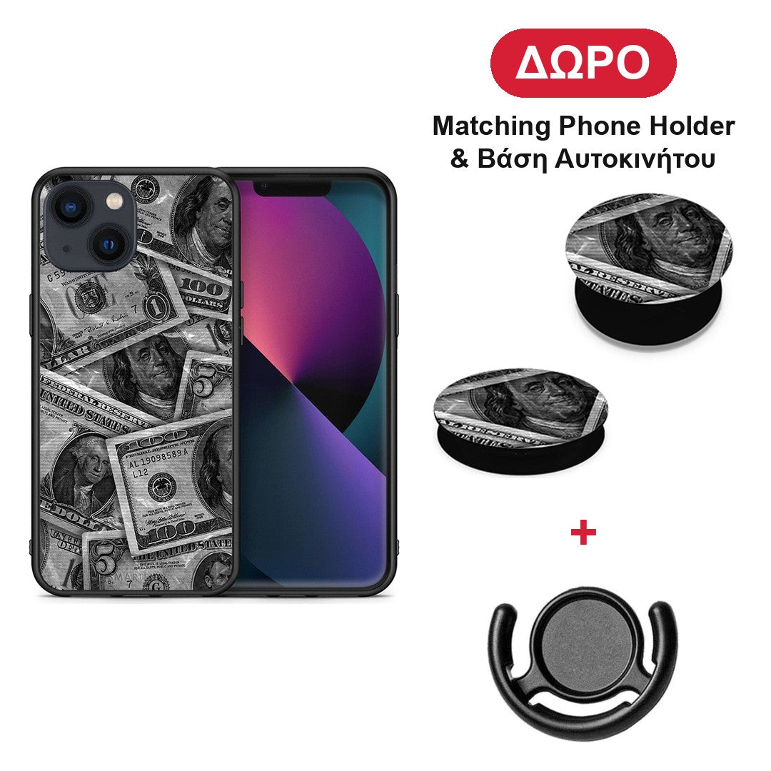 Money Dollars - iPhone 13 θήκη + Δώρο Phone Holder & Βάση Αυτοκινήτου