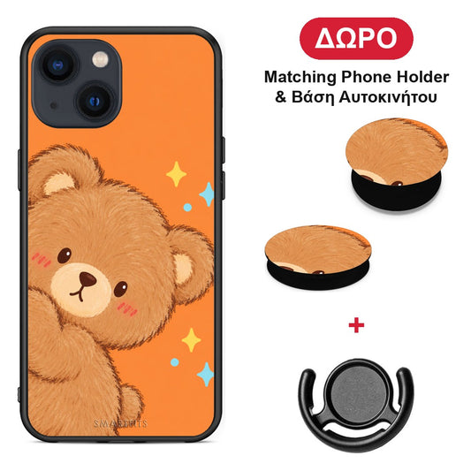 Peekaboo Teddy on Orange - iPhone 13 θήκη + Δώρο Phone Holder & Βάση Αυτοκινήτου