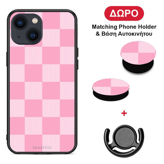 Pink and White Striped Checks - iPhone 13 θήκη + Δώρο Phone Holder & Βάση Αυτοκινήτου