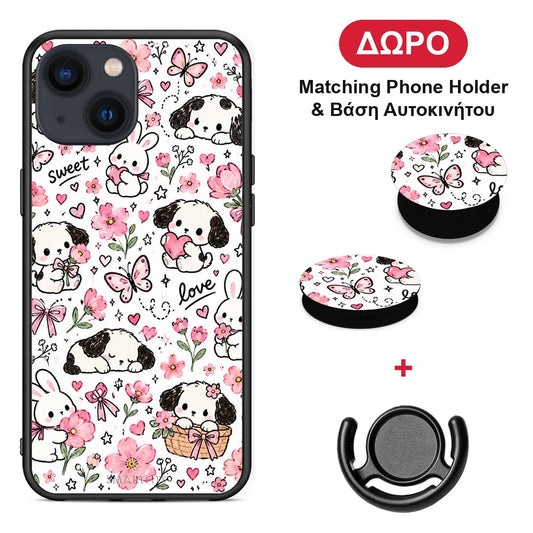 Pink Florals Puppies and Bunnies on White - iPhone 13 θήκη + Δώρο Phone Holder & Βάση Αυτοκινήτου