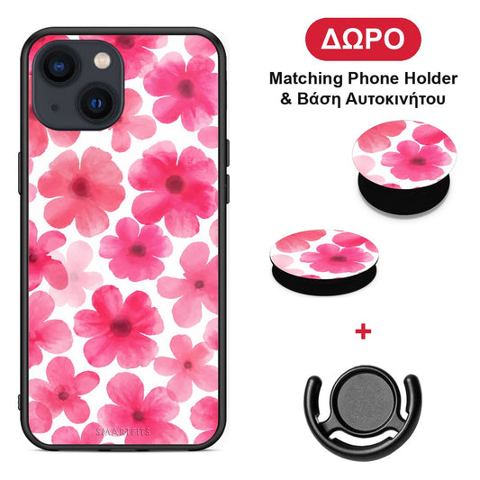 Pink Watercolour Flowers on White - iPhone 13 θήκη + Δώρο Phone Holder & Βάση Αυτοκινήτου