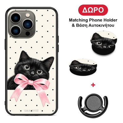 Black Kitten Pink Bow and Polka Dots - iPhone 13 Pro θήκη + Δώρο Phone Holder & Βάση Αυτοκινήτου