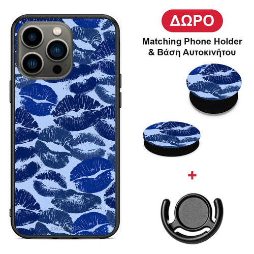 Blue Lipstick Kisses - iPhone 13 Pro θήκη + Δώρο Phone Holder & Βάση Αυτοκινήτου