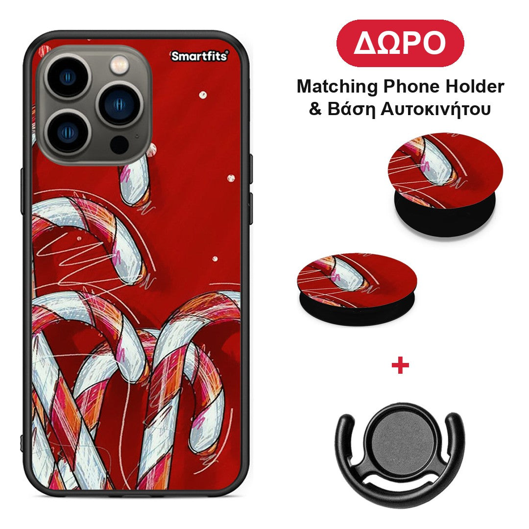 Candy Cane - iPhone 13 Pro θήκη + Δώρο Phone Holder & Βάση Αυτοκινήτου