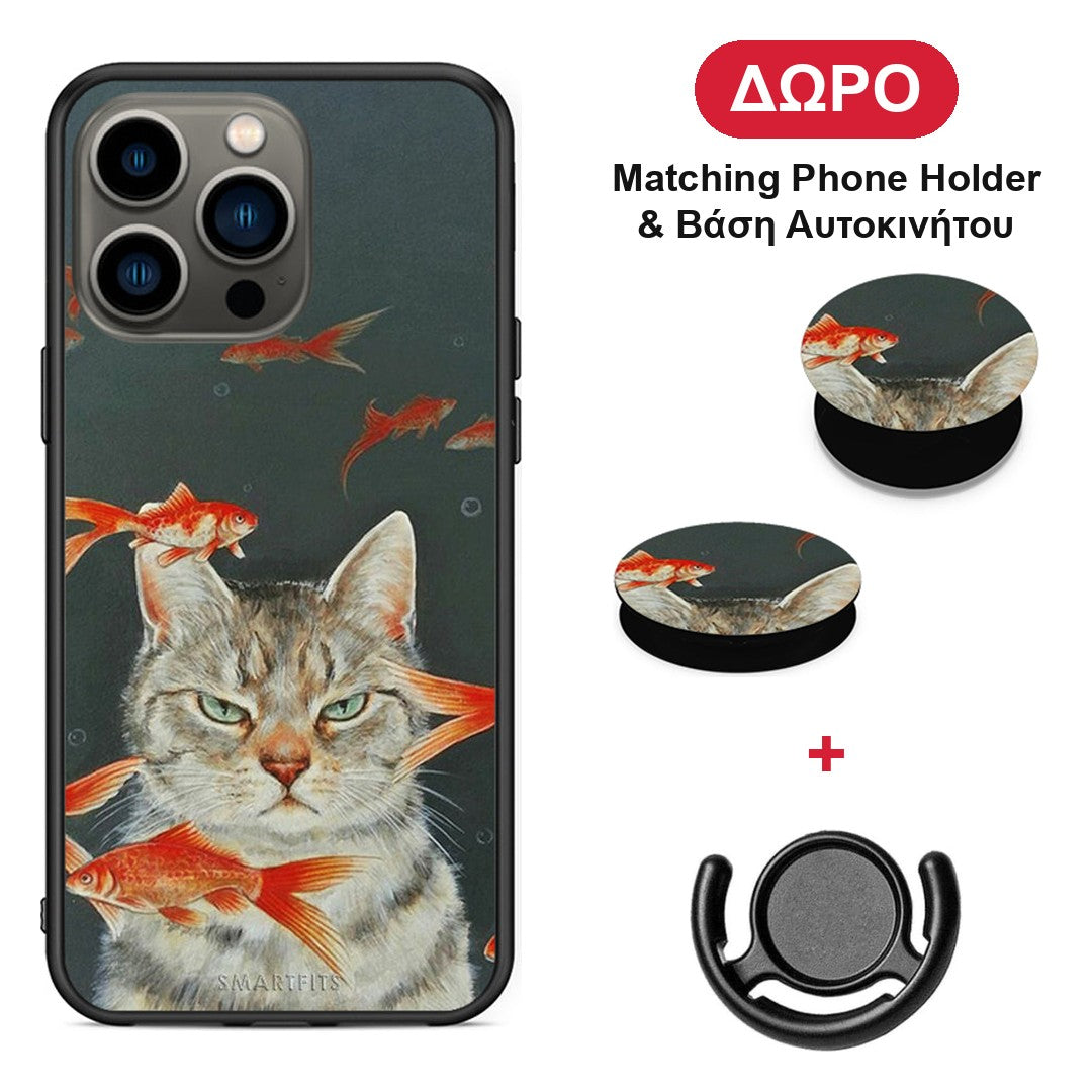 Cat Goldfish - iPhone 13 Pro θήκη + Δώρο Phone Holder & Βάση Αυτοκινήτου
