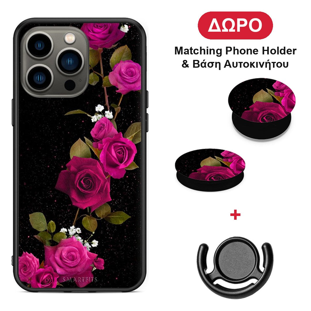 Flower Red Roses - iPhone 13 Pro θήκη + Δώρο Phone Holder & Βάση Αυτοκινήτου