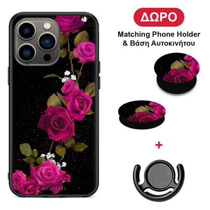 Flower Red Roses - iPhone 13 Pro θήκη + Δώρο Phone Holder & Βάση Αυτοκινήτου