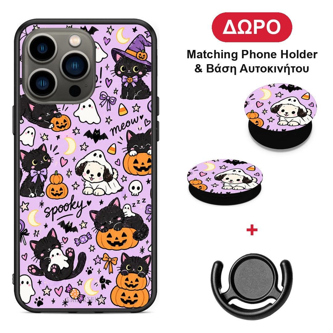 Halloween Black Cats on Lilac - iPhone 13 Pro θήκη + Δώρο Phone Holder & Βάση Αυτοκινήτου