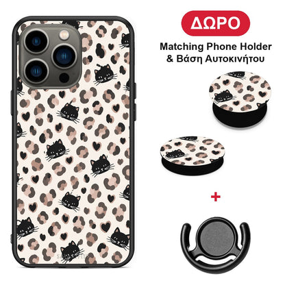 Leopard Spots and Black Cats on Cream - iPhone 13 Pro θήκη + Δώρο Phone Holder & Βάση Αυτοκινήτου