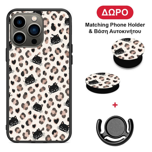 Leopard Spots and Black Cats on Cream - iPhone 13 Pro θήκη + Δώρο Phone Holder & Βάση Αυτοκινήτου