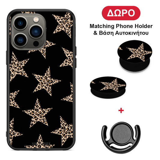 Leopard Stars on Black - iPhone 13 Pro θήκη + Δώρο Phone Holder & Βάση Αυτοκινήτου