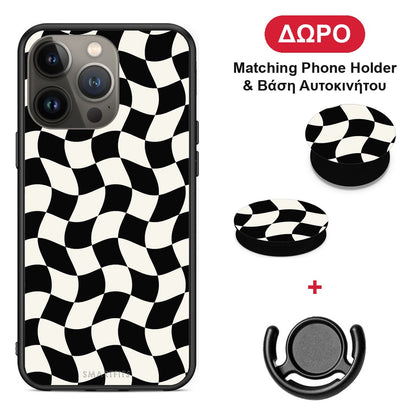 Black and Cream Wavy Checkerboard - iPhone 13 Pro Max θήκη + Δώρο Phone Holder & Βάση Αυτοκινήτου