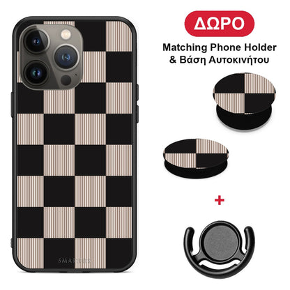 Black and Taupe Striped Checks - iPhone 13 Pro Max θήκη + Δώρο Phone Holder & Βάση Αυτοκινήτου