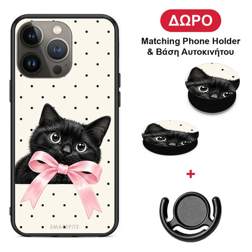 Black Kitten Pink Bow and Polka Dots - iPhone 13 Pro Max θήκη + Δώρο Phone Holder & Βάση Αυτοκινήτου
