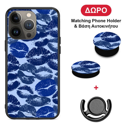 Blue Lipstick Kisses - iPhone 13 Pro Max θήκη + Δώρο Phone Holder & Βάση Αυτοκινήτου