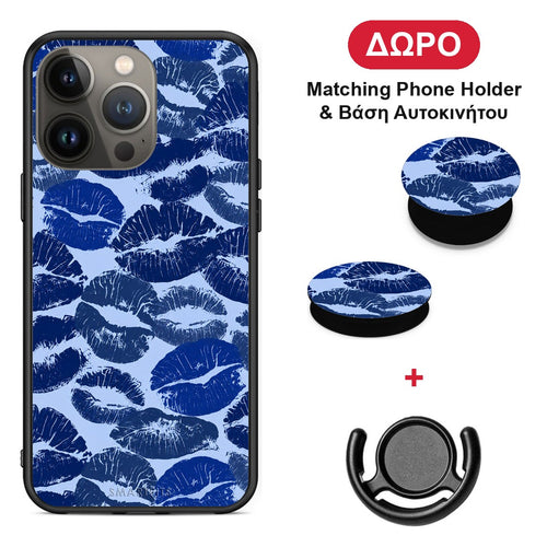 Blue Lipstick Kisses - iPhone 13 Pro Max θήκη + Δώρο Phone Holder & Βάση Αυτοκινήτου