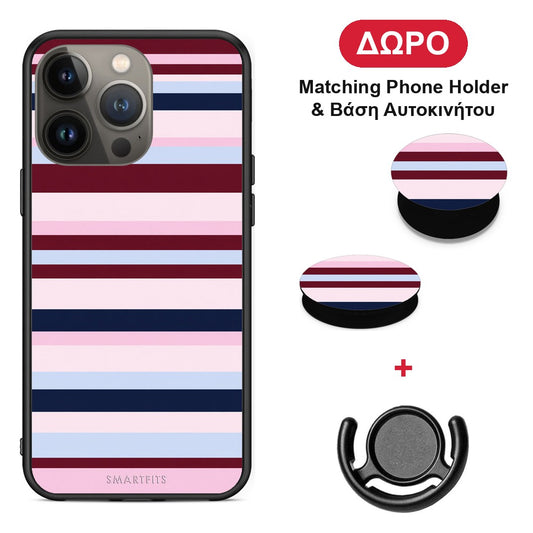 Burgundy Pink and Blue Horizontal Stripes - iPhone 13 Pro Max θήκη + Δώρο Phone Holder & Βάση Αυτοκινήτου