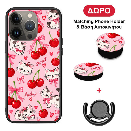 Cherries Bows and Kittens on Pink - iPhone 13 Pro Max θήκη + Δώρο Phone Holder & Βάση Αυτοκινήτου