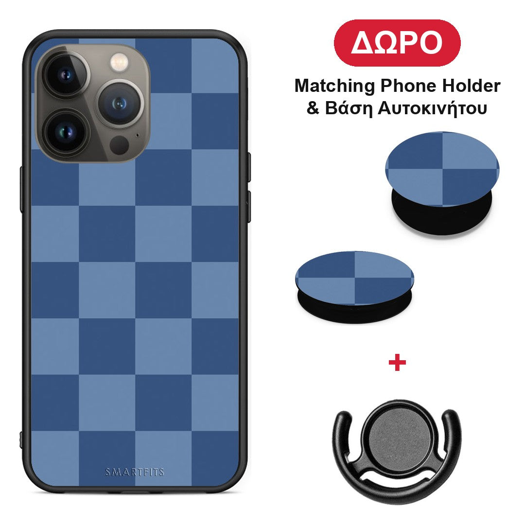 Denim Blue Checkerboard - iPhone 13 Pro Max θήκη + Δώρο Phone Holder & Βάση Αυτοκινήτου