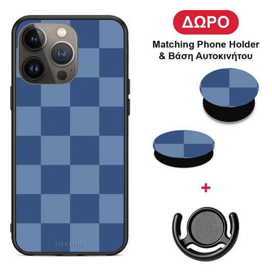 Denim Blue Checkerboard - iPhone 13 Pro Max θήκη + Δώρο Phone Holder & Βάση Αυτοκινήτου