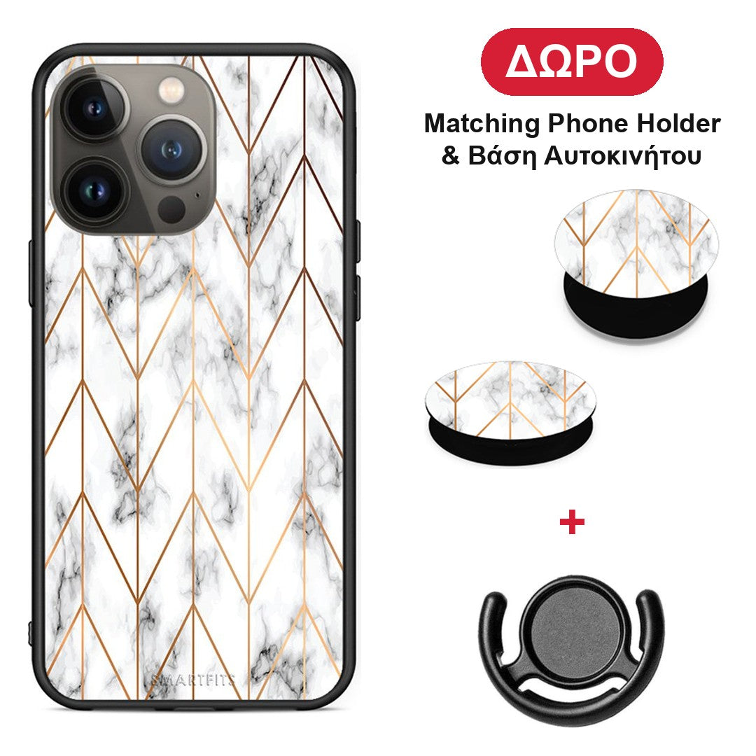 Marble Gold Geometric - iPhone 13 Pro Max θήκη + Δώρο Phone Holder & Βάση Αυτοκινήτου