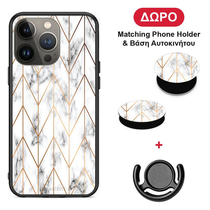 Marble Gold Geometric - iPhone 13 Pro Max θήκη + Δώρο Phone Holder & Βάση Αυτοκινήτου
