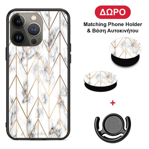 Marble Gold Geometric - iPhone 13 Pro Max θήκη + Δώρο Phone Holder & Βάση Αυτοκινήτου