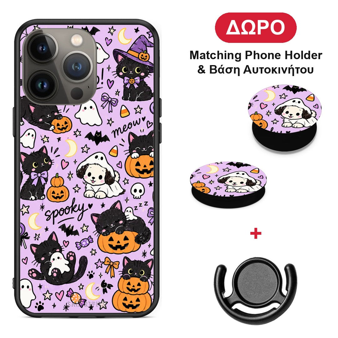 Halloween Black Cats on Lilac - iPhone 13 Pro Max θήκη + Δώρο Phone Holder & Βάση Αυτοκινήτου