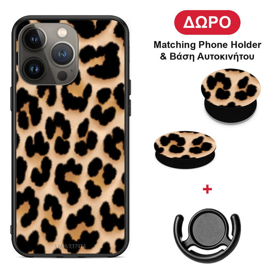 Leopard Print Tan Large - iPhone 13 Pro Max θήκη + Δώρο Phone Holder & Βάση Αυτοκινήτου