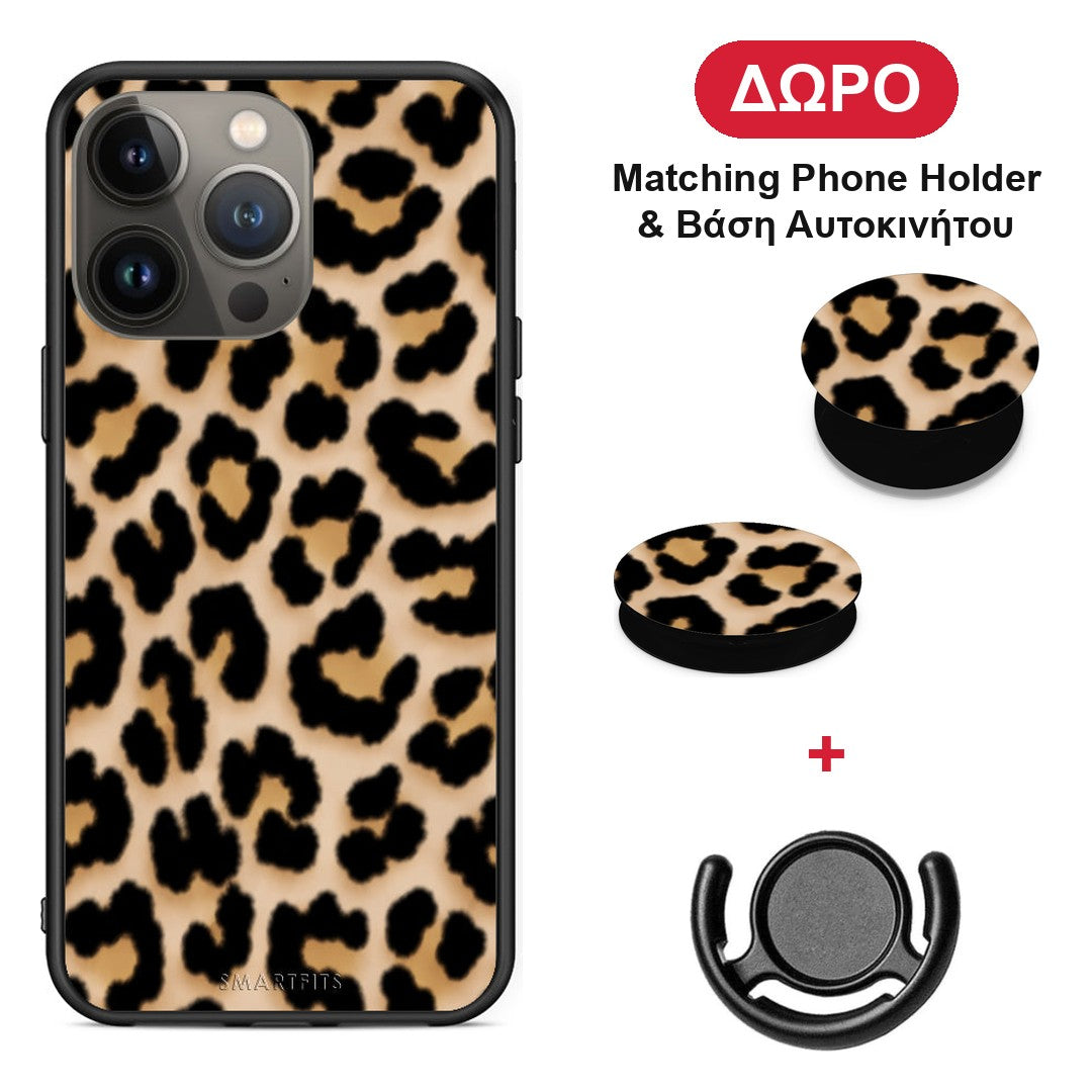 Leopard Print Tan Small - iPhone 13 Pro Max θήκη + Δώρο Phone Holder & Βάση Αυτοκινήτου