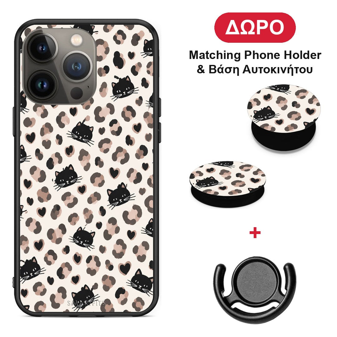 Leopard Spots and Black Cats on Cream - iPhone 13 Pro Max θήκη + Δώρο Phone Holder & Βάση Αυτοκινήτου