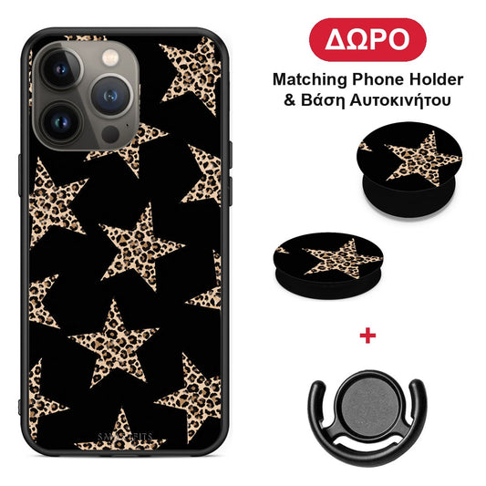 Leopard Stars on Black - iPhone 13 Pro Max θήκη + Δώρο Phone Holder & Βάση Αυτοκινήτου