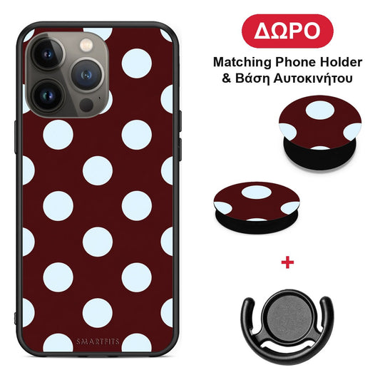 Pale Blue Large Polka Dots on Burgundy - iPhone 13 Pro Max θήκη + Δώρο Phone Holder & Βάση Αυτοκινήτου