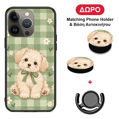 Puppy and Daisies on Sage Gingham - iPhone 13 Pro Max θήκη + Δώρο Phone Holder & Βάση Αυτοκινήτου