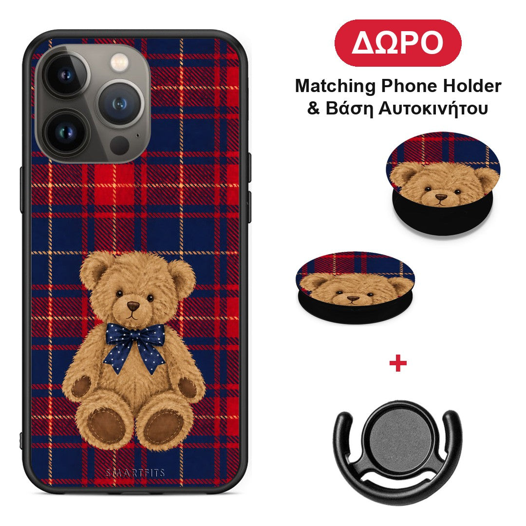 Teddy Bear on Red and Navy Tartan - iPhone 13 Pro Max θήκη + Δώρο Phone Holder & Βάση Αυτοκινήτου