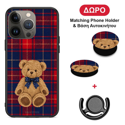 Teddy Bear on Red and Navy Tartan - iPhone 13 Pro Max θήκη + Δώρο Phone Holder & Βάση Αυτοκινήτου