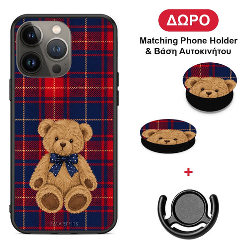 Teddy Bear on Red and Navy Tartan - iPhone 13 Pro Max θήκη + Δώρο Phone Holder & Βάση Αυτοκινήτου