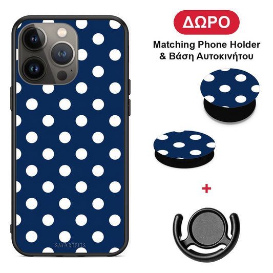 White Large Polka Dots on Navy - iPhone 13 Pro Max θήκη + Δώρο Phone Holder & Βάση Αυτοκινήτου