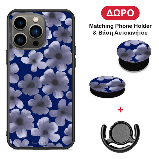 Pale Blue Flowers on Navy - iPhone 13 Pro θήκη + Δώρο Phone Holder & Βάση Αυτοκινήτου