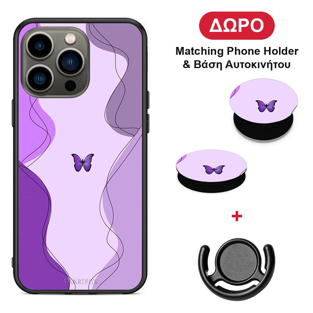 Purple Mariposa - iPhone 13 Pro θήκη + Δώρο Phone Holder & Βάση Αυτοκινήτου