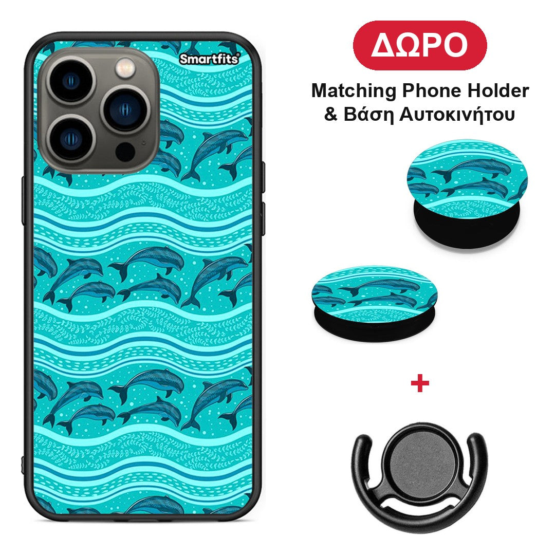 Swimming Dolphins - iPhone 13 Pro θήκη + Δώρο Phone Holder & Βάση Αυτοκινήτου
