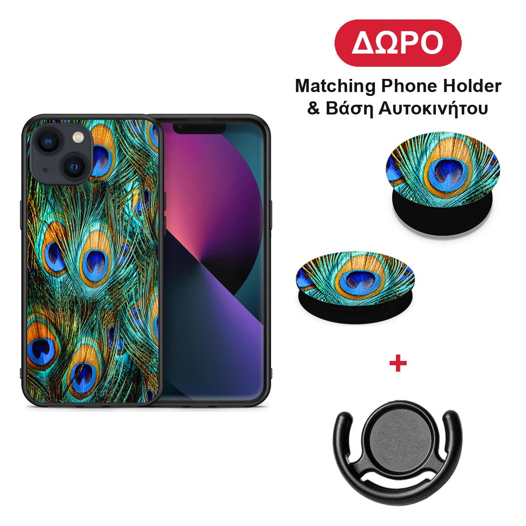 Real Peacock Feathers - iPhone 13 θήκη + Δώρο Phone Holder & Βάση Αυτοκινήτου