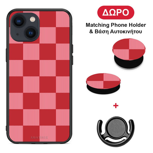 Red and Pink Striped Checks - iPhone 13 θήκη + Δώρο Phone Holder & Βάση Αυτοκινήτου