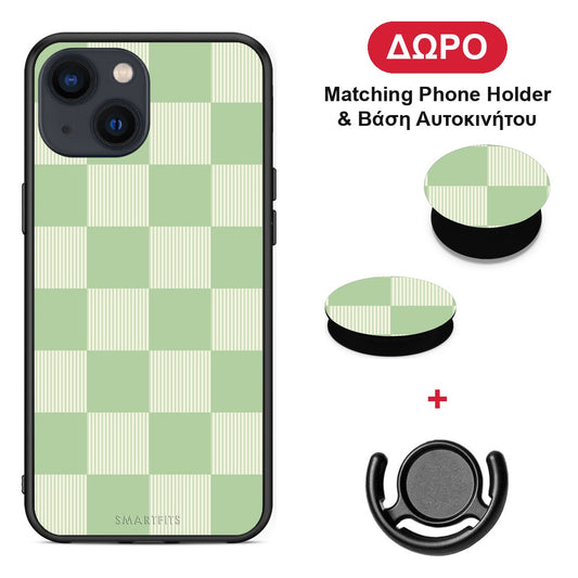 Sage and Cream Striped Checks - iPhone 13 θήκη + Δώρο Phone Holder & Βάση Αυτοκινήτου