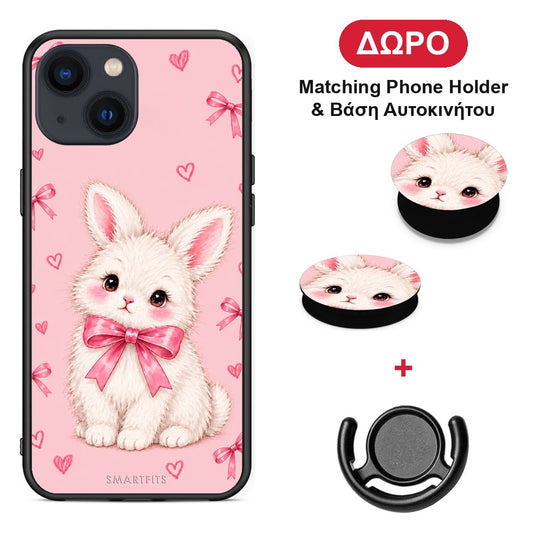 White Bunny and Pink Bows - iPhone 13 θήκη + Δώρο Phone Holder & Βάση Αυτοκινήτου