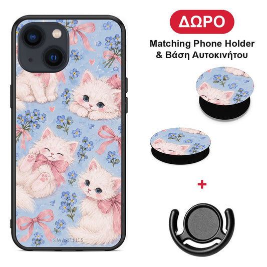 White Kittens and Blue Flowers Large - iPhone 13 θήκη + Δώρο Phone Holder & Βάση Αυτοκινήτου