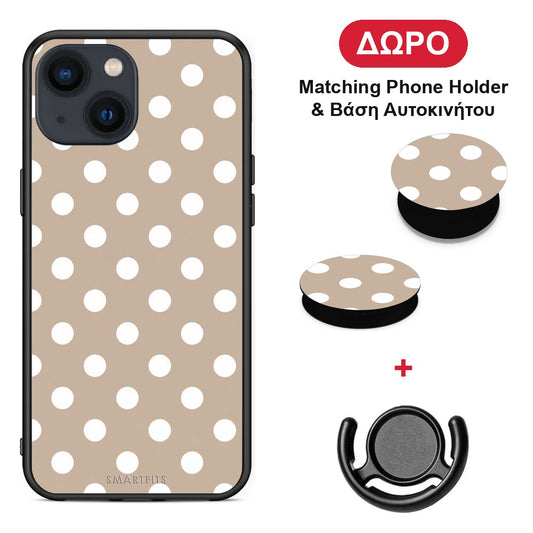 White Polka Dots on Taupe - iPhone 13 θήκη + Δώρο Phone Holder & Βάση Αυτοκινήτου