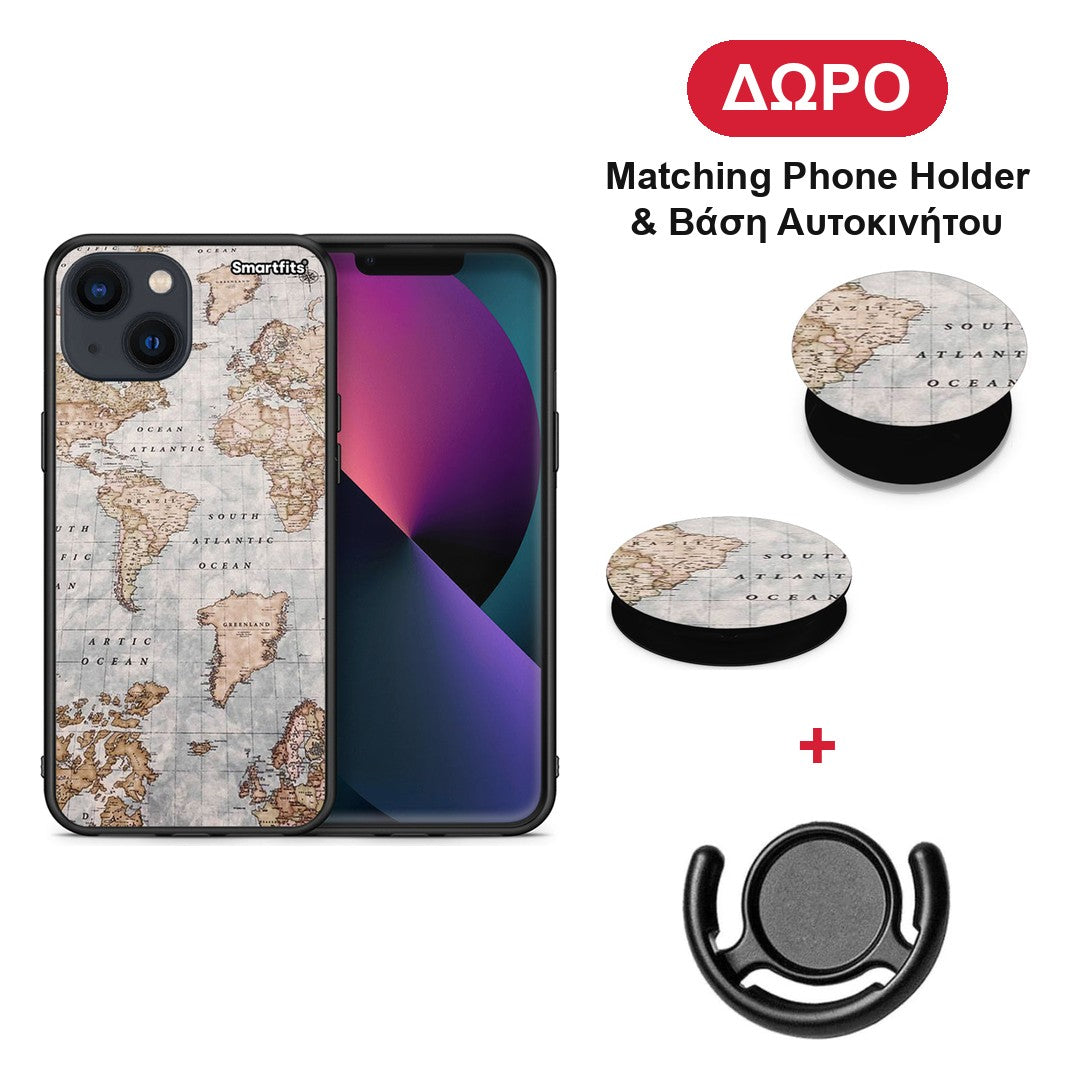 World Map - iPhone 13 θήκη + Δώρο Phone Holder & Βάση Αυτοκινήτου